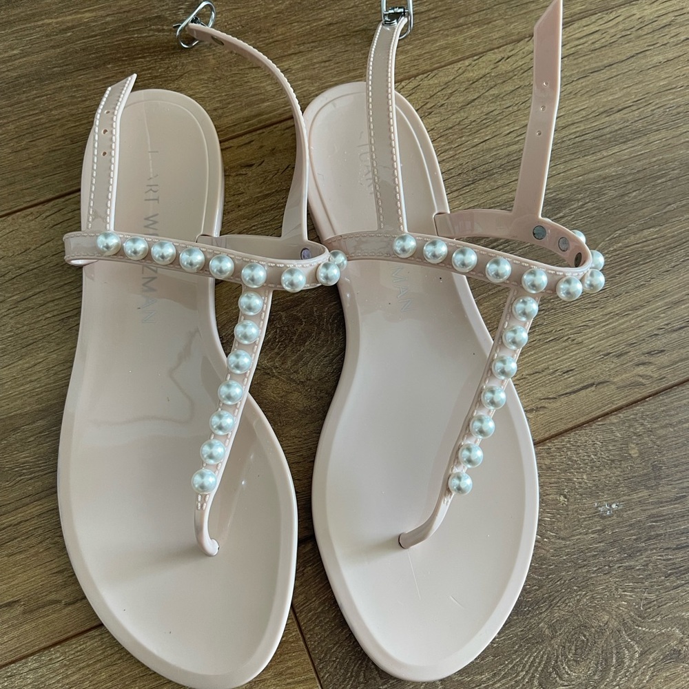 Stuart Weitzman Nude Pink Pearl-Embellished T-Strap Sandals